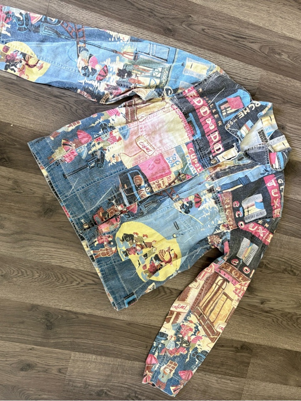 Vintage 90s Chico’s Design Linen Cotton Cityscape Print Jacket Artwear Size 1